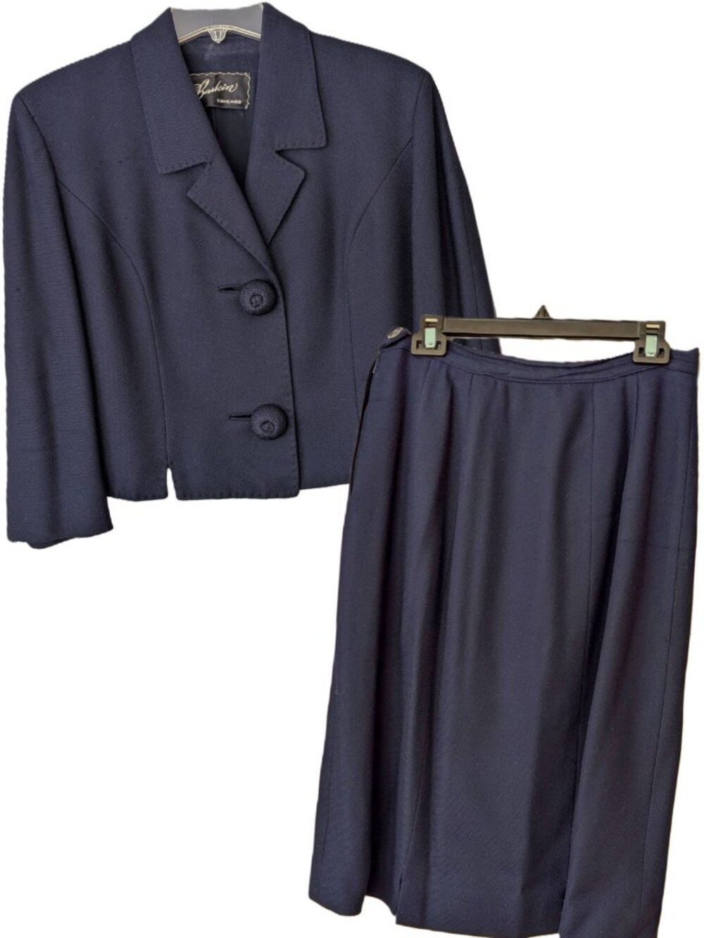 Friedmont Baskin Chicago Navy Blue Wool Skirt Suit Cropped Jacket Union Made VTG